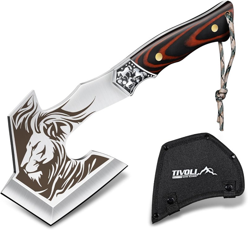 Tivoli Camping Axe, Lion - Patterned Survival Hatchet with Nylon Sheath, High Carbon Steel Blade Compact Outdoor Bushcraft Axe with Ergonomic Wood Grip, Camping Gear for Hiking, Chopping, Hunting - Image 1